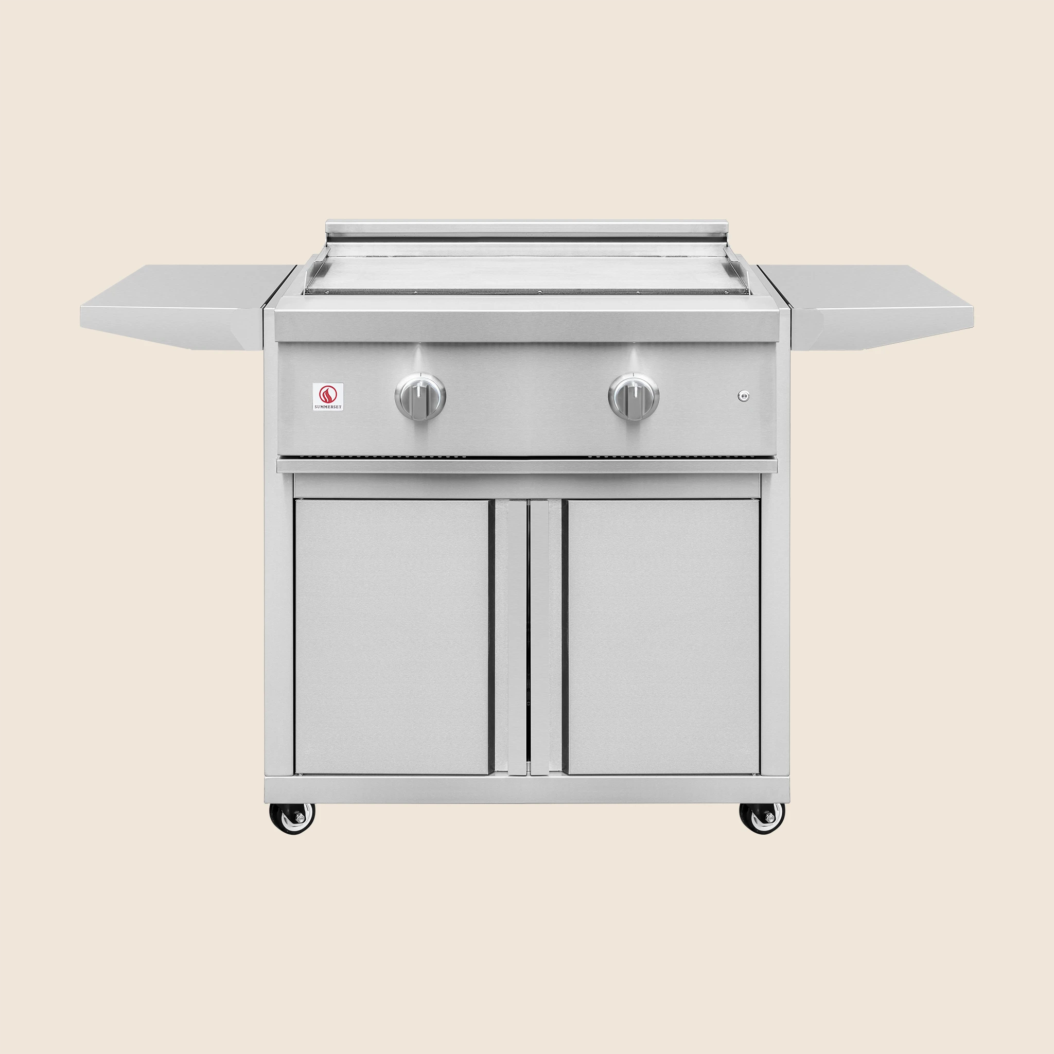 Summerset 30-inch Griddle Pro grill cart, front view highlighting the griddle cooking surface and folding side shelves
