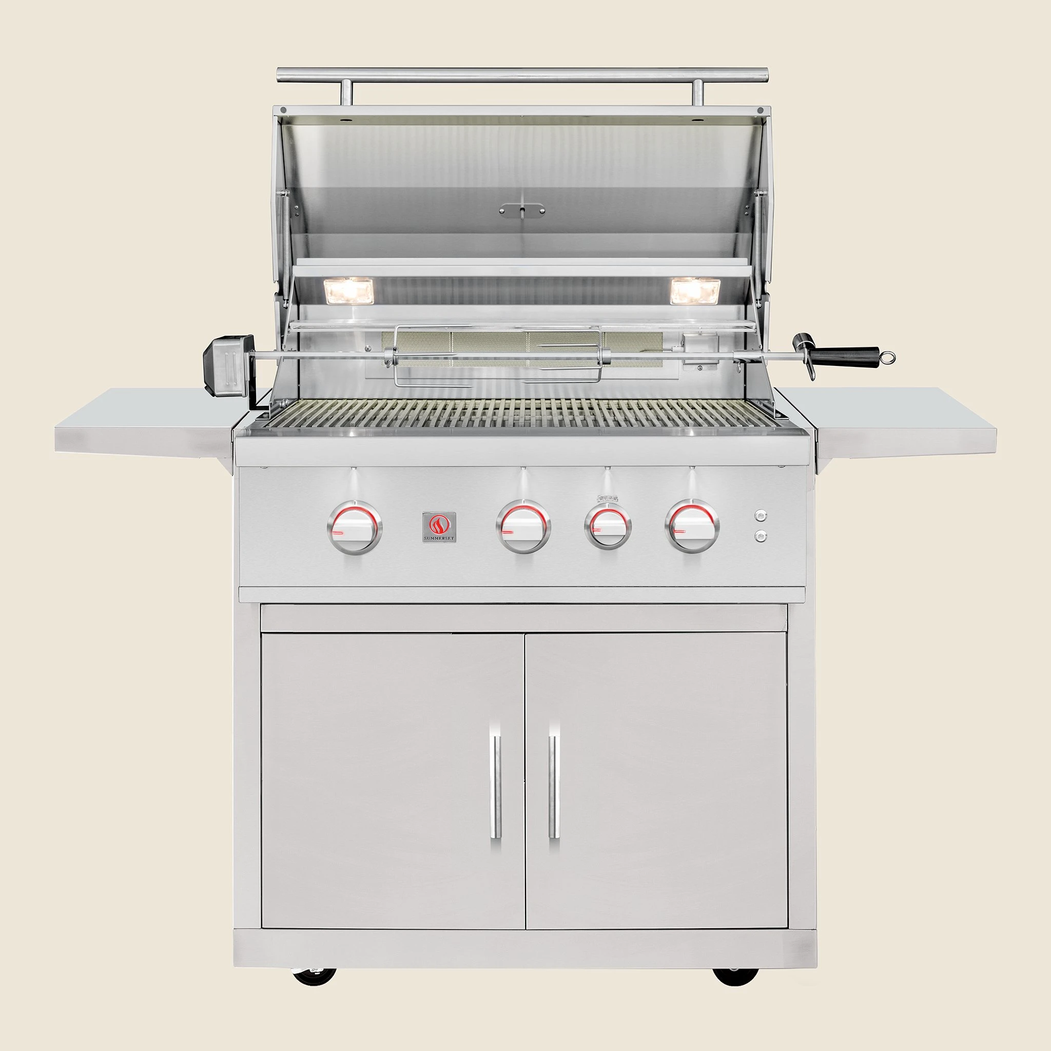 Summerset 32-inch TRL Pro grill cart, front view with the hood open, showing the rotisserie burner, cooking grates, and double access doors
