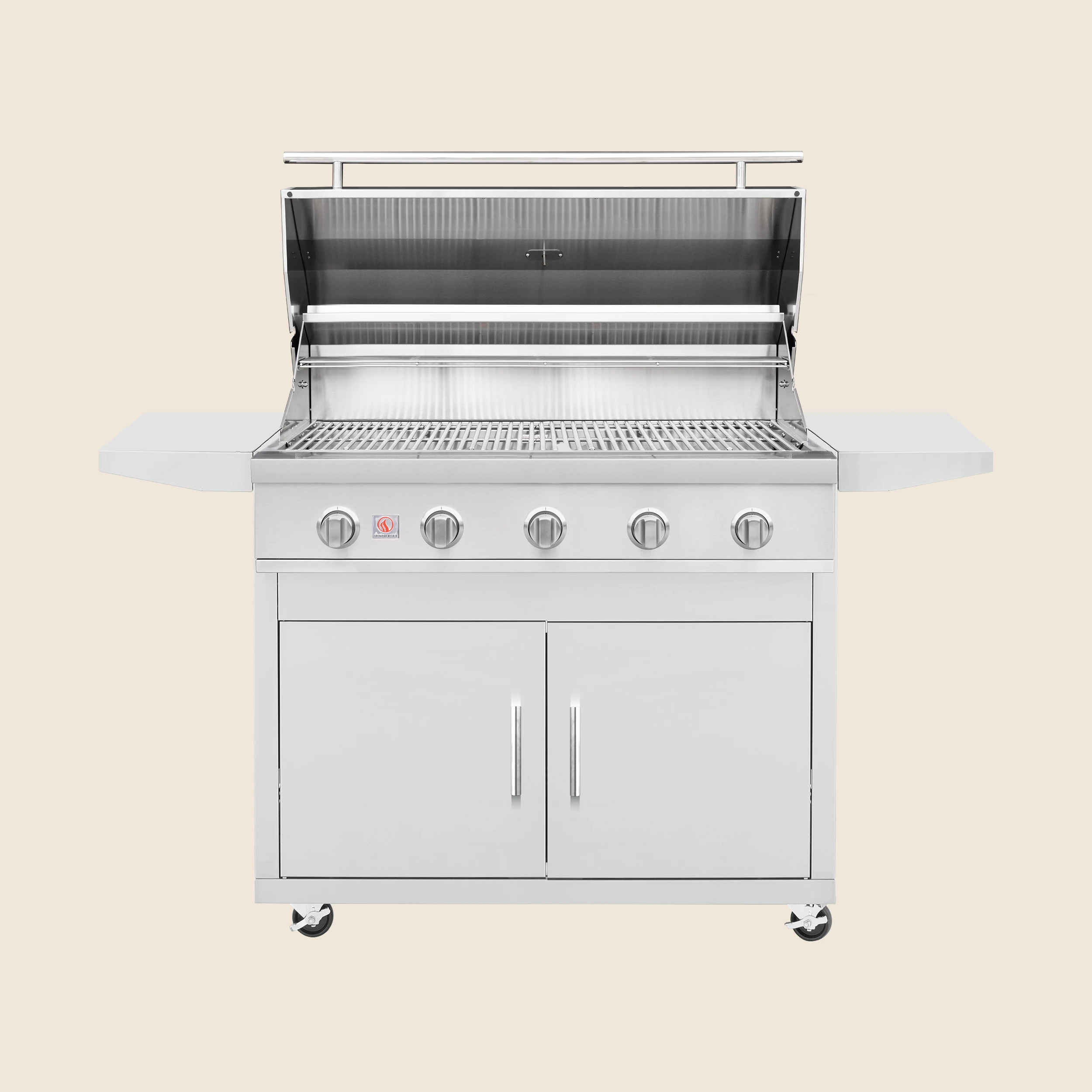 Summerset 40-inch Sizzler grill cart, front view with the hood open, showing the cooking grates and double access doors