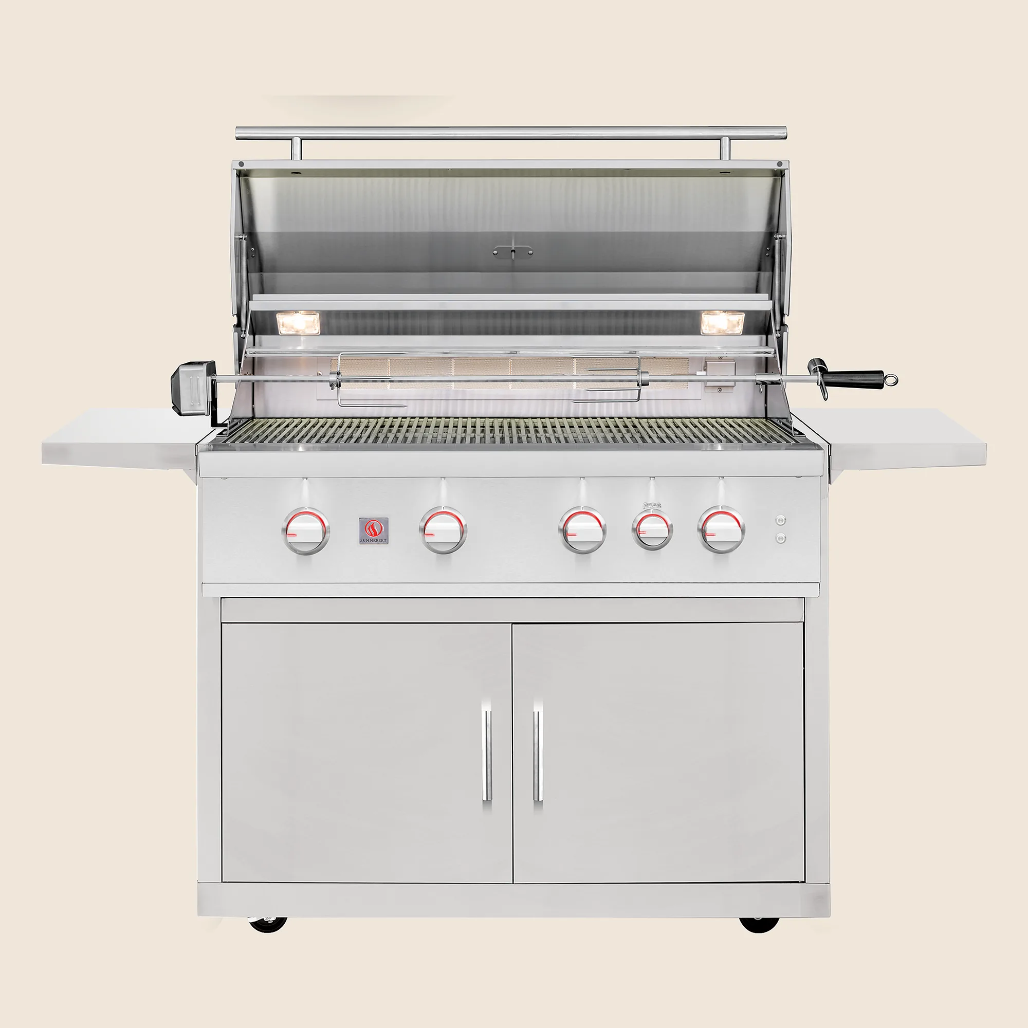 Summerset TRL Pro 40-inch freestanding gas grill with the hood open and red-illuminated control knobs, shown on a cream background with the rotisserie and interior lights visible