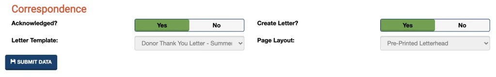 A screenshot showing the Create Letter portion of donation entry