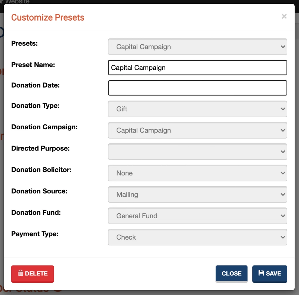A screenshot of the Donation Preset creation box