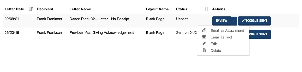 A screenshot showing the various functions you can perform with your created letters.
