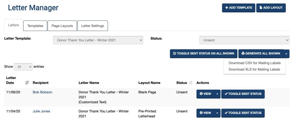 A screenshot showing the "Generate All" function to create several letters at once