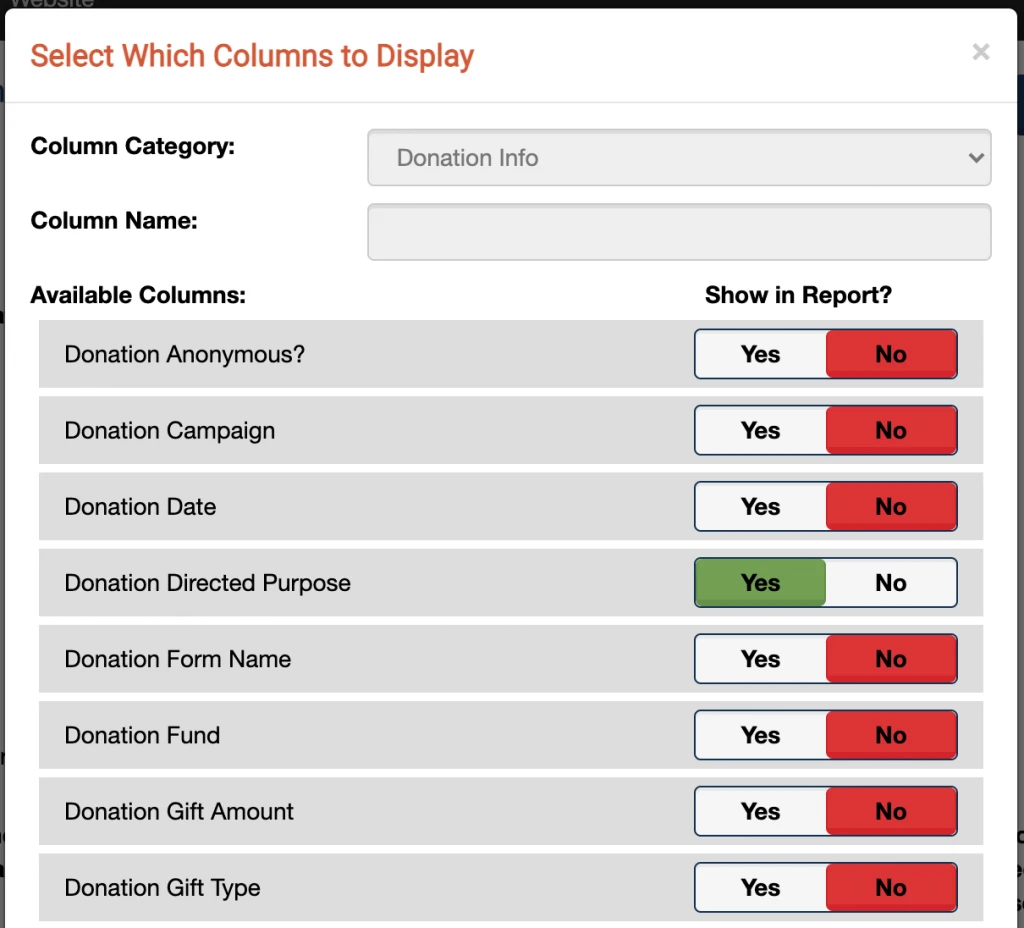 A screenshot of the Change Columns box