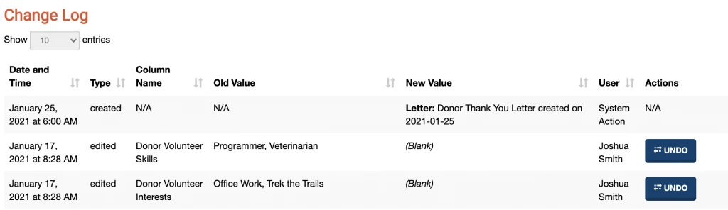 A screenshot of the change log, showing which user performed which action
