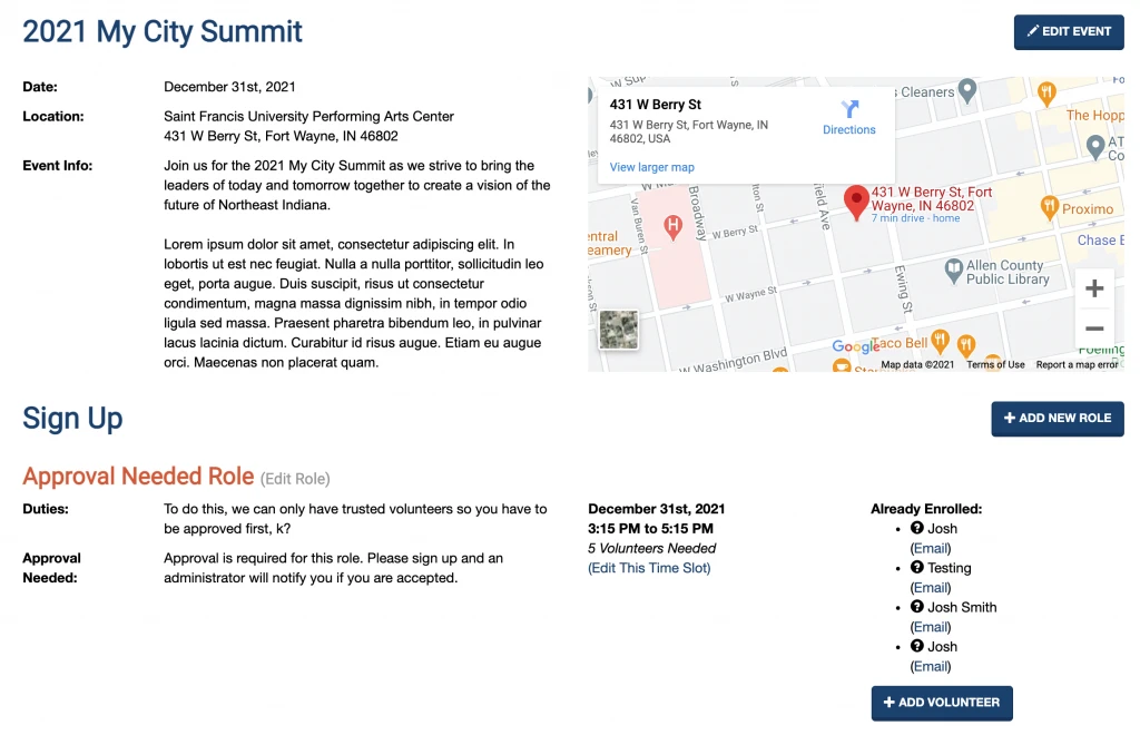 A screenshot of an event signup page