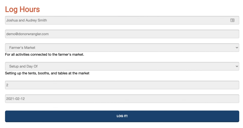 A screenshot of the volunteer time entry page