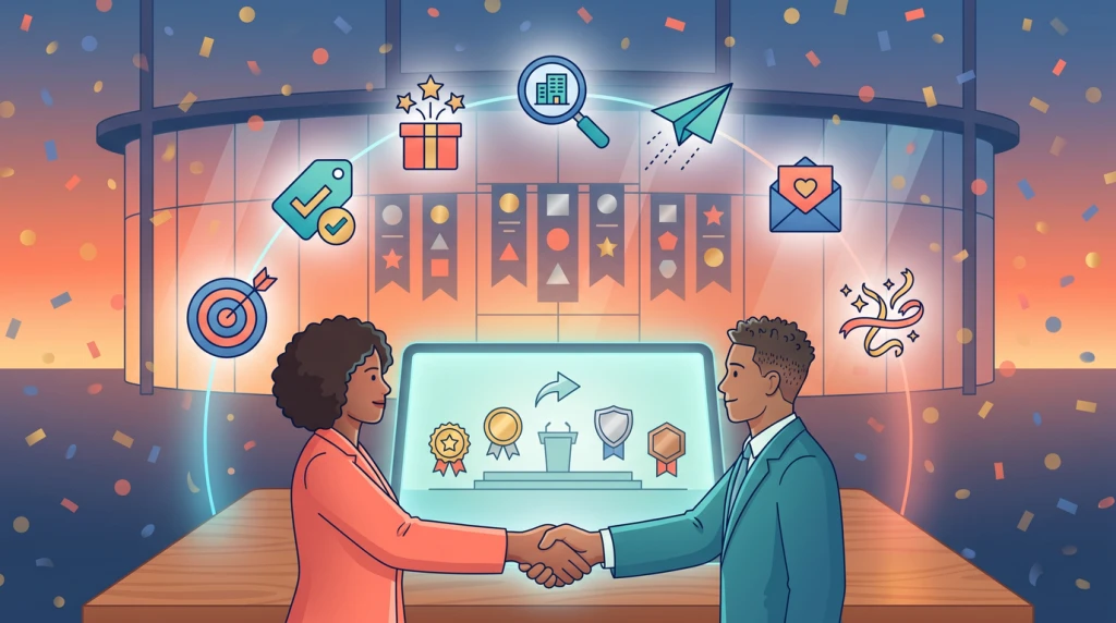 A conceptual illustration showing a non-profit making a deal with a business to sponsor an event.