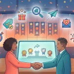 A conceptual illustration showing a non-profit making a deal with a business to sponsor an event.