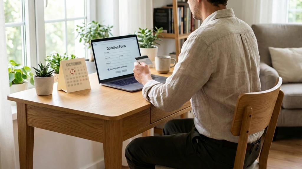 A man signs up to give a monthly sustaining gift to a non-profit organization