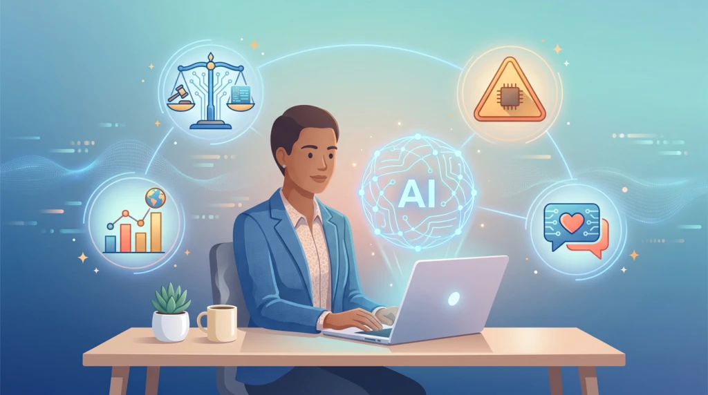 Conceptual image showing a non-profit professional using AI, and the various considerations at stake