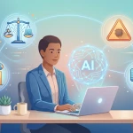 Conceptual image showing a non-profit professional using AI, and the various considerations at stake